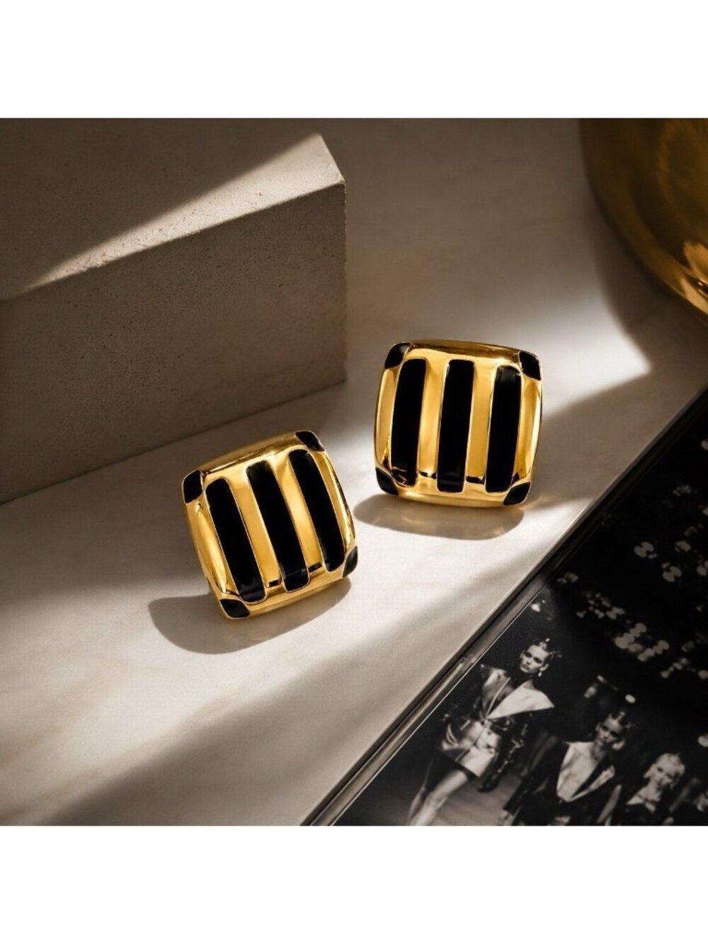 Vintage 1980s Modernist Earrings Glam Gold Tone Black Enamel Clip On Square